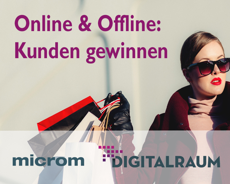 Ein weibliches Mode-Modell mit Einkaufstüten. Die Überschrift "Online und Offline: Kunden gewinnen" soll die datengesteuerte Online- und Offline-Kundenakquise von microm und Digitalraum veranschaulichen.